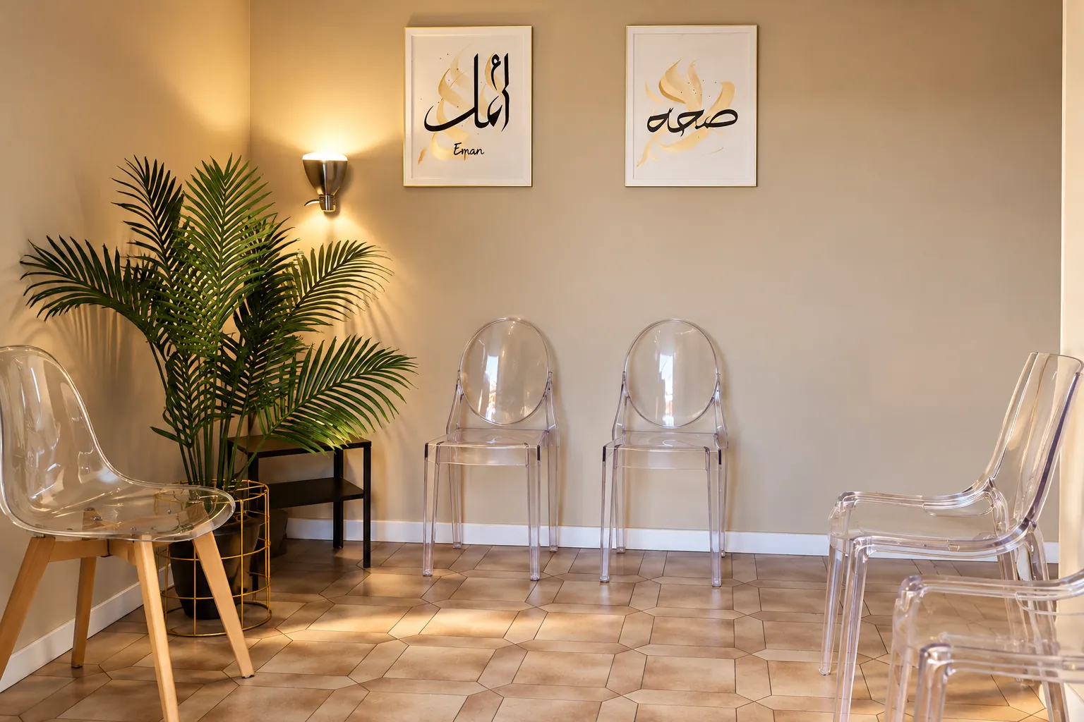La salle d'attente du cabinet de Vitry-sur-Seine : chaises transparentes, plante verte et calligraphies au mur