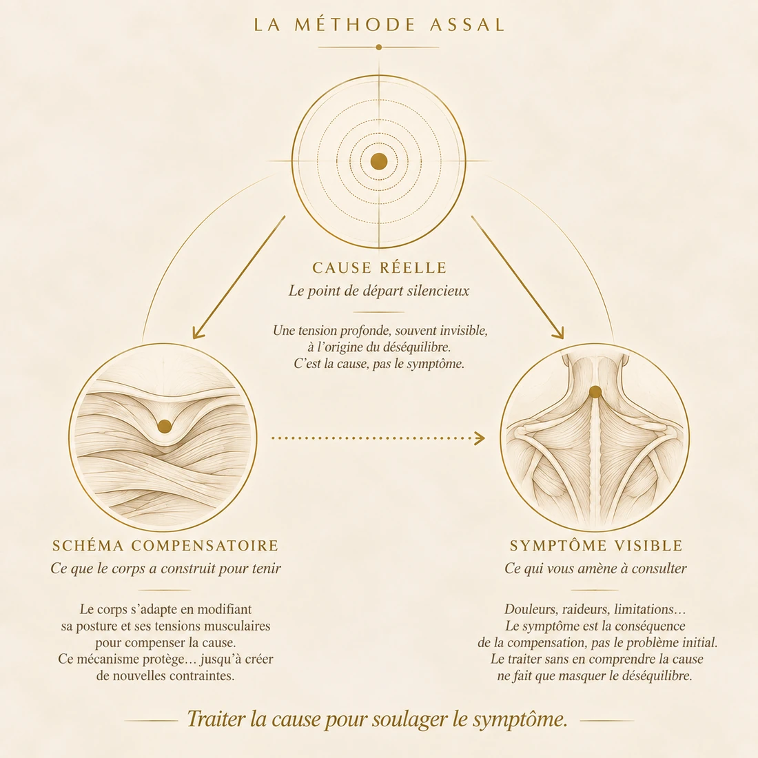 Schéma de la Méthode ASSAL : la cause réelle au sommet, le schéma compensatoire et le symptôme visible à la base. Traiter la cause pour soulager le symptôme.