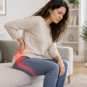 Femme assise, la main sur la fesse, la douleur descendant dans la jambe