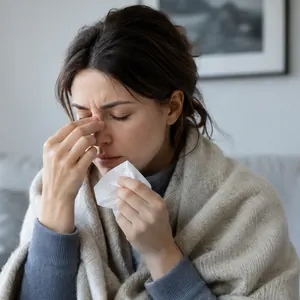 Femme enveloppée dans un plaid, un mouchoir contre le nez
