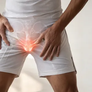 Sportif en short blanc, les mains sur l'aine, la zone douloureuse soulignée en rouge