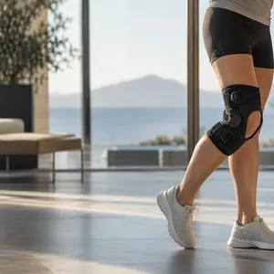 Jambe avec une genouillère, appuyée contre une barre de rééducation