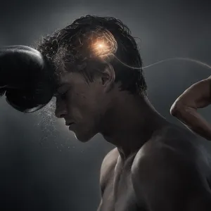 Sportif touché à la tête par un ballon et, à côté, un dos dont la colonne s'illumine jusqu'aux lombaires