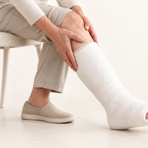 Jambe dans un plâtre, en position assise