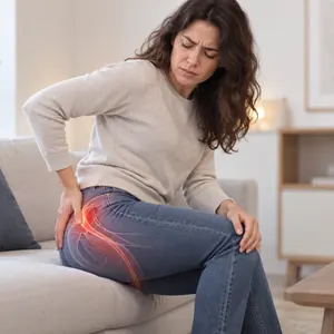 Femme assise, la main sur la fesse