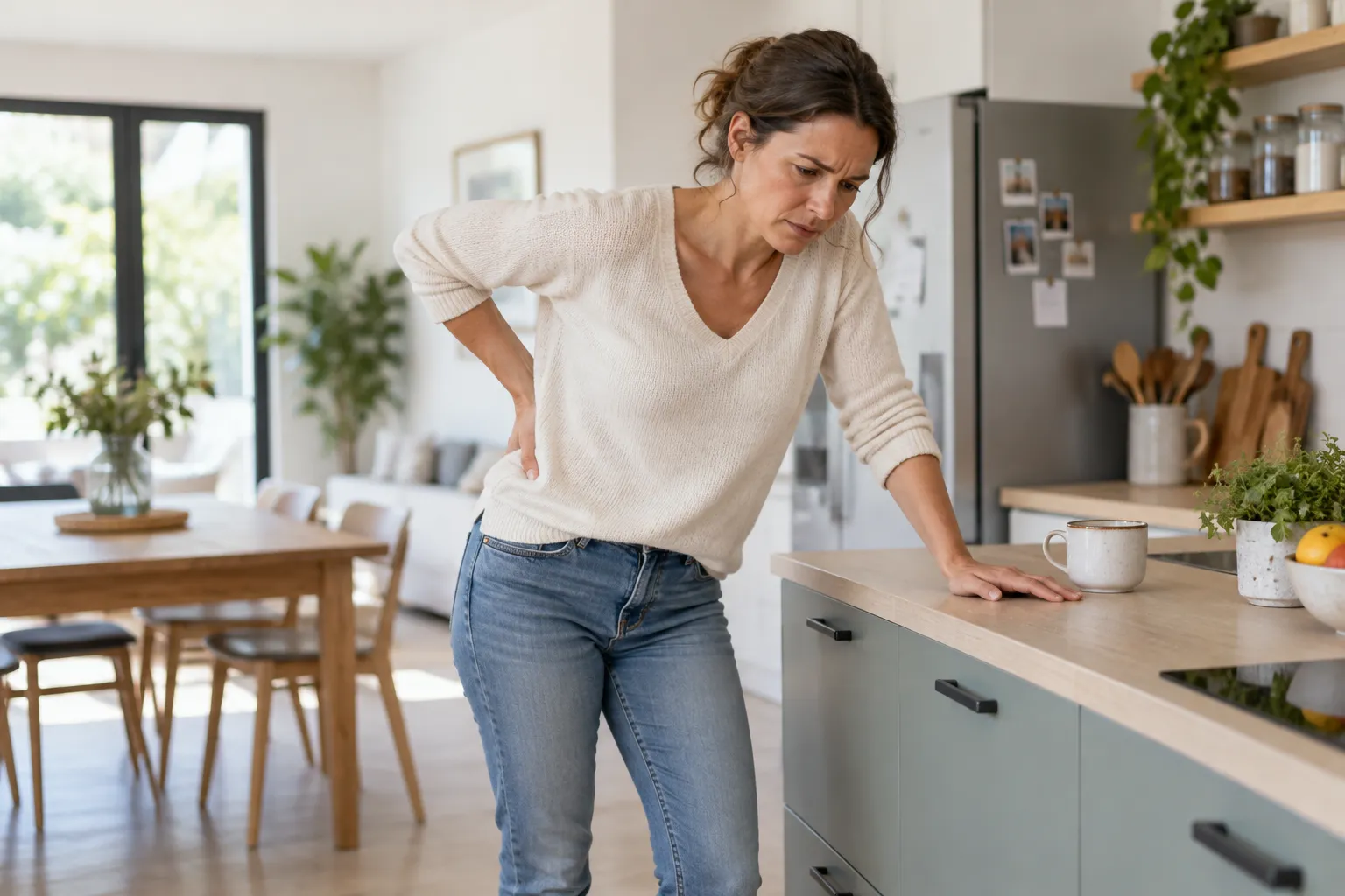Une femme penchée en avant dans sa cuisine, une main sur le bas du dos, bloquée par un lumbago