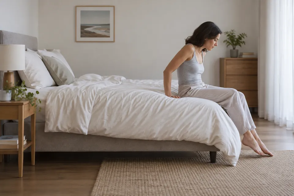 Une femme assise au bord de son lit, qui se relève en poussant sur ses bras pour ménager son dos