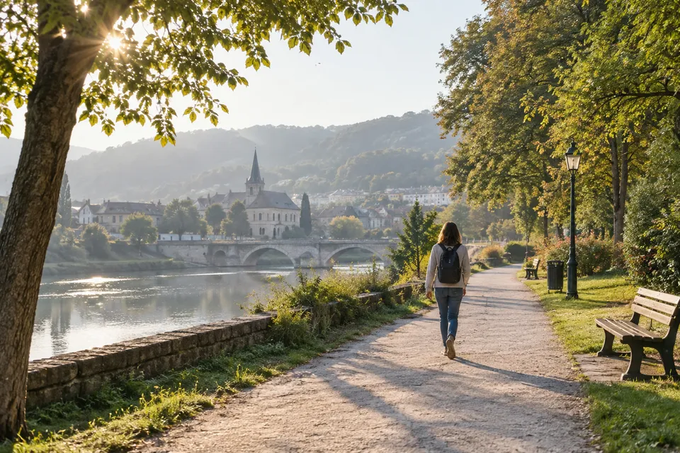 Une personne qui marche le long d'une rivière, dans un parc, pour rester en mouvement pendant une sciatique