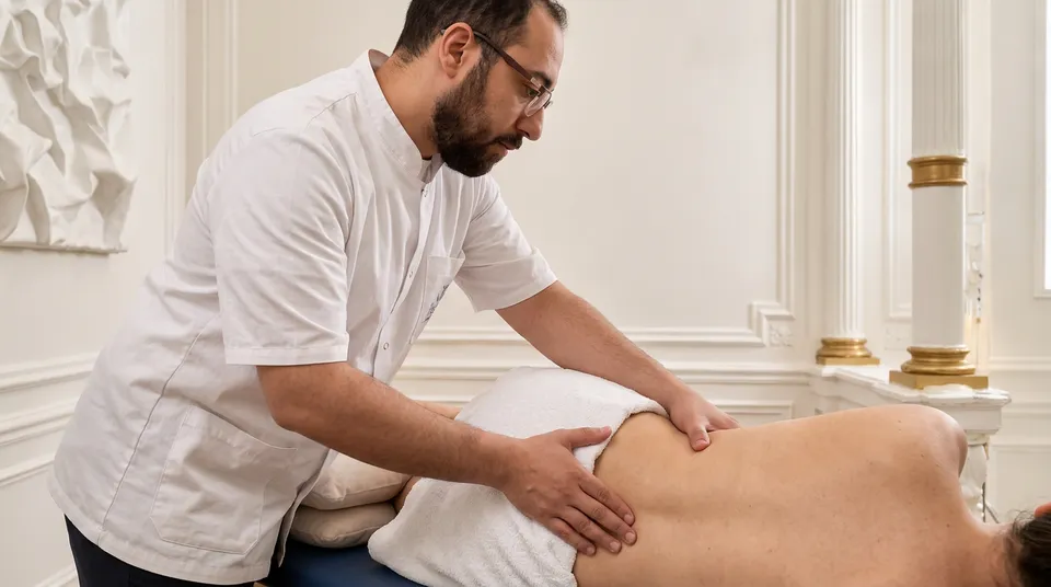 Hosam ASSAL, ostéopathe, travaille sur le bas du dos d'un patient allongé