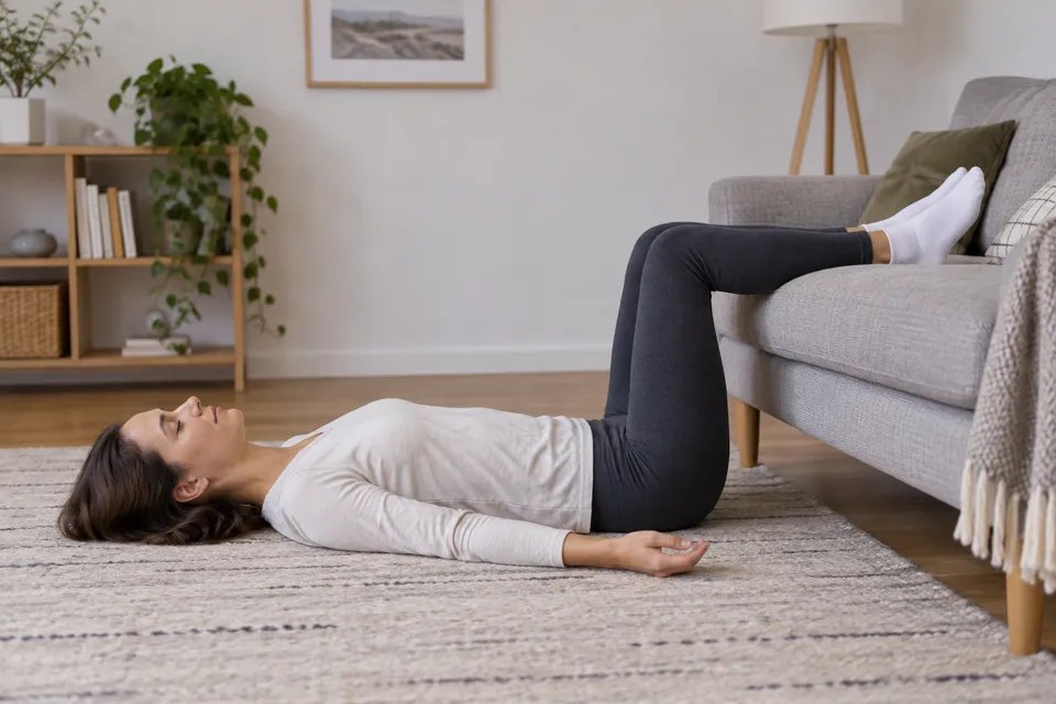 Une femme allongée sur le dos, les jambes posées sur un canapé, dans une position qui soulage une sciatique